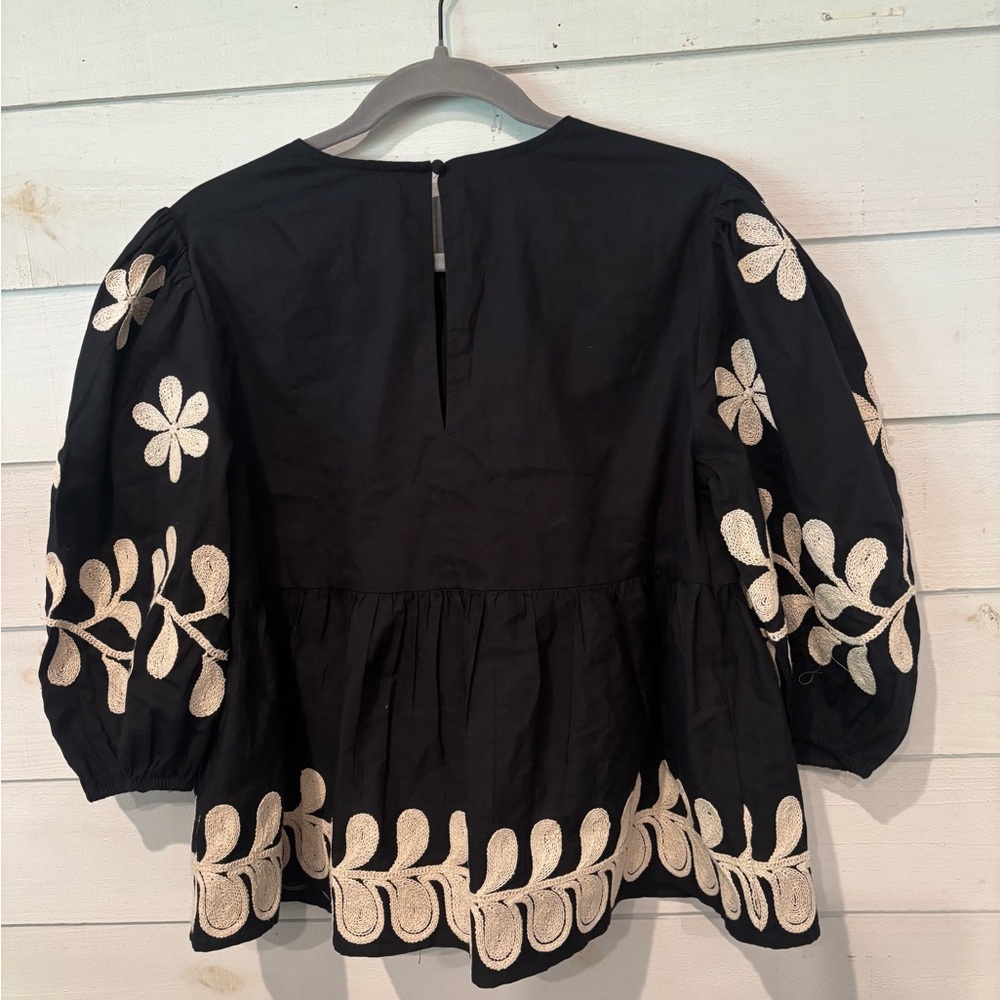 Anthropologie Black Peplum Blouse with Cream Floral Embroidery - Picture 11 of 13